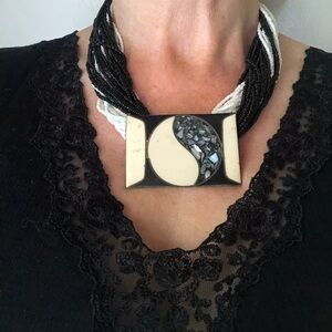 Black & White Abalone Inlaid Yin Yang Brass Pendant Multiple Strand 19” Necklace